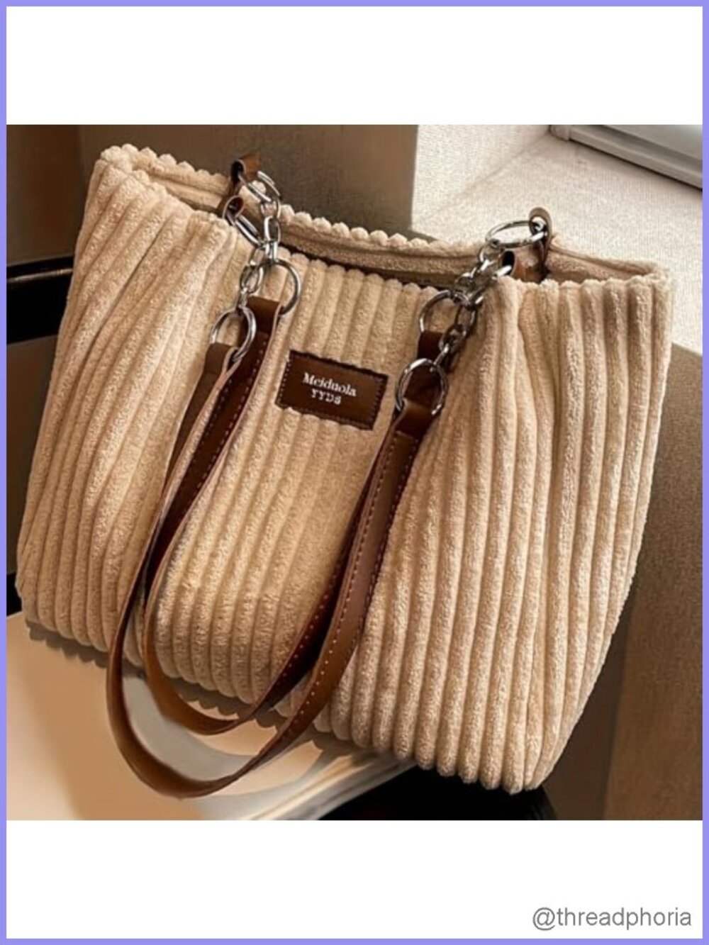 Striped Corduroy Tote Bag Large-Capacity Casual Handbag for Work Daily Leisure